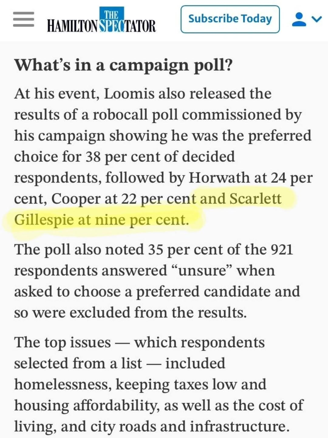 Campaign Poll Feature in the Hamilton Spectator – July 26, 2026 