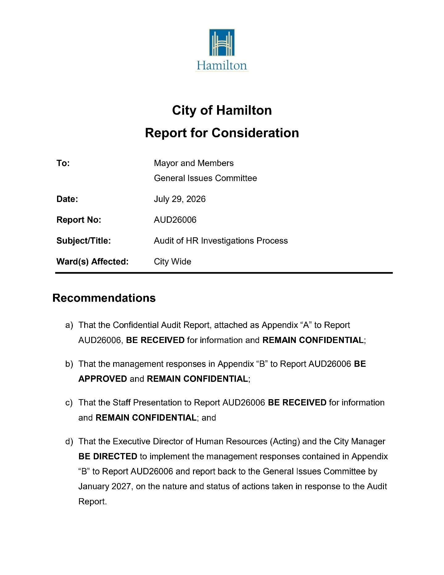 My Report to Hamilton’s Auditor General – July 28, 2026 